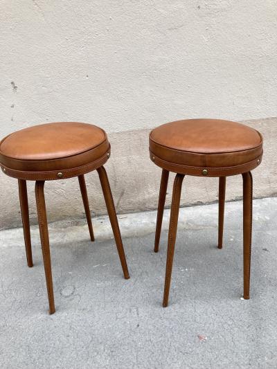 Jacques Adnet Pair of 1950s Stitched Leather stools by Jacques Adnet
