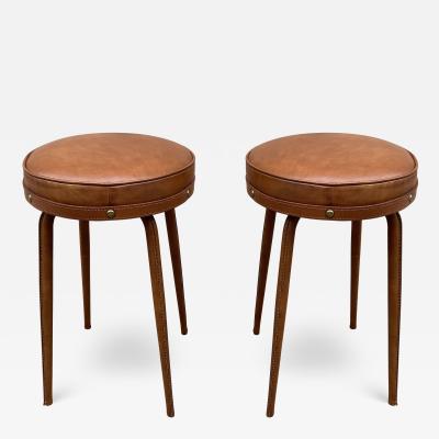 Jacques Adnet Pair of 1950s Stitched Leather stools by Jacques Adnet