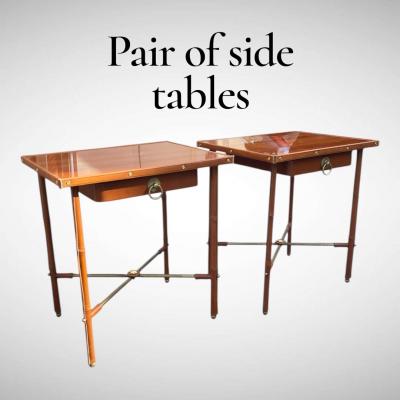 Jacques Adnet Pair of 1950s Stitched leather Side tables by Jacques Adnet