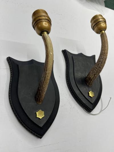 Jacques Adnet Pair of 1950s Stitched leather and deer antler by Jacques Adnet