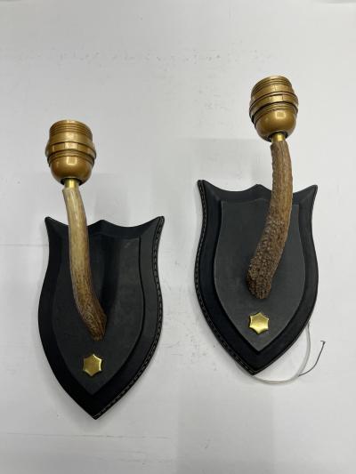 Jacques Adnet Pair of 1950s Stitched leather and deer antler by Jacques Adnet