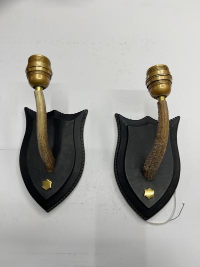 Jacques Adnet Pair of 1950s Stitched leather and deer antler by Jacques Adnet