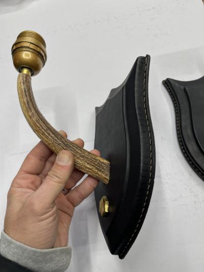 Jacques Adnet Pair of 1950s Stitched leather and deer antler by Jacques Adnet