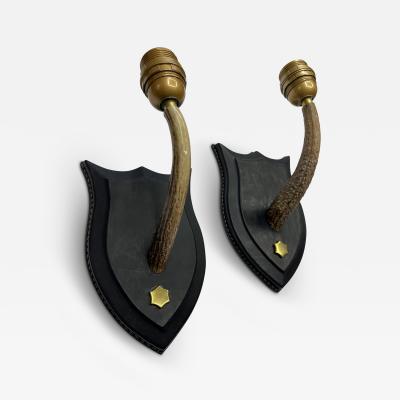 Jacques Adnet Pair of 1950s Stitched leather and deer antler by Jacques Adnet