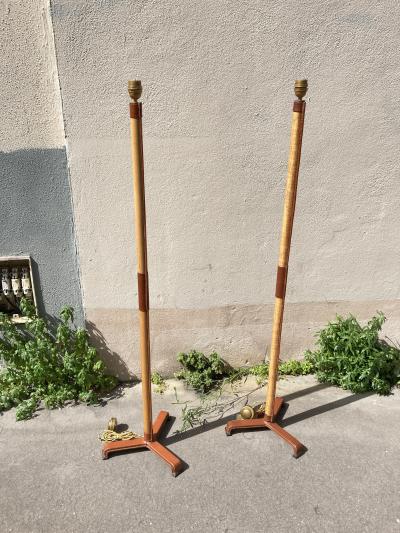Jacques Adnet Pair of 1950s Stitched leather floor lamps by Jacques Adnet