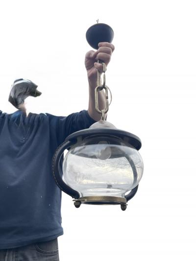 Jacques Adnet Pair of 1950s Stitched leather lanterns by Jacques Adnet