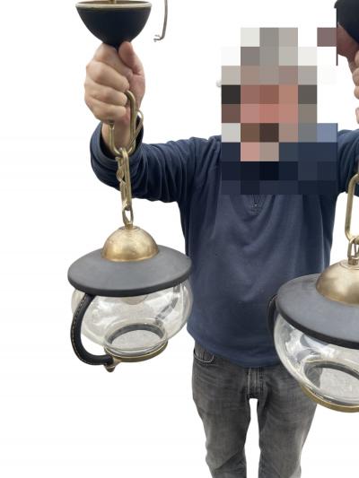 Jacques Adnet Pair of 1950s Stitched leather lanterns by Jacques Adnet