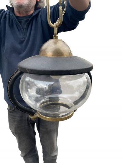 Jacques Adnet Pair of 1950s Stitched leather lanterns by Jacques Adnet