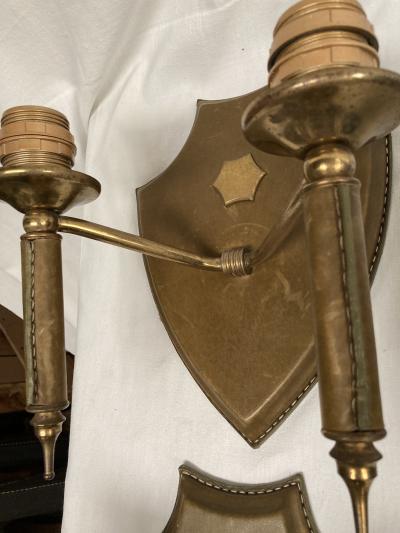 Jacques Adnet Pair of 1950s Stitched leather sconces by Jacques Adnet