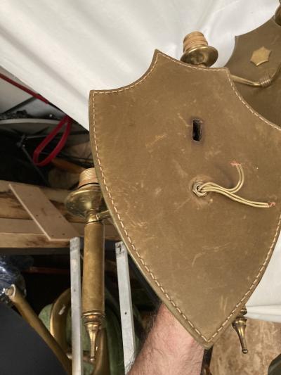 Jacques Adnet Pair of 1950s Stitched leather sconces by Jacques Adnet