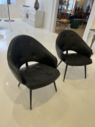 Jacques Adnet Pair of Black stitched Leather Chairs