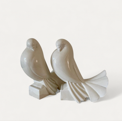 Jacques Adnet Pair of Ceramic Doves by Jacques Adnet Art Deco Ivory Glaze 1930