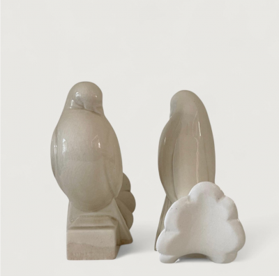 Jacques Adnet Pair of Ceramic Doves by Jacques Adnet Art Deco Ivory Glaze 1930