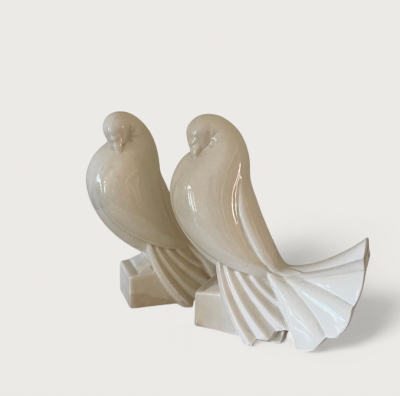 Jacques Adnet Pair of Ceramic Doves by Jacques Adnet Art Deco Ivory Glaze 1930