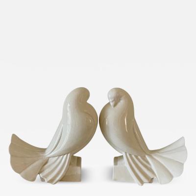 Jacques Adnet Pair of Ceramic Doves by Jacques Adnet Art Deco Ivory Glaze 1930