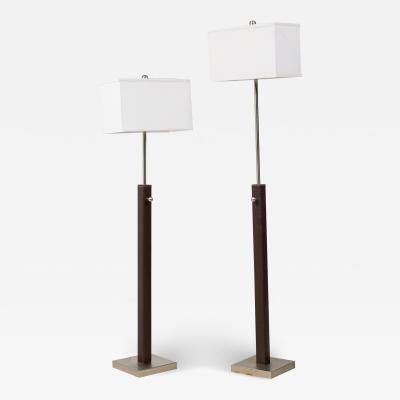 Jacques Adnet Pair of French Matched Brown Stitched Leather Floor Lamps
