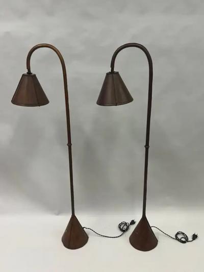 Jacques Adnet Pair of French Mid Century Hand Stitched Leather Floor Lamps by Jacques Adnet
