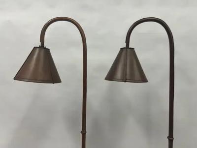 Jacques Adnet Pair of French Mid Century Hand Stitched Leather Floor Lamps by Jacques Adnet
