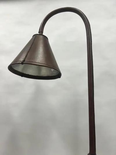 Jacques Adnet Pair of French Mid Century Hand Stitched Leather Floor Lamps by Jacques Adnet