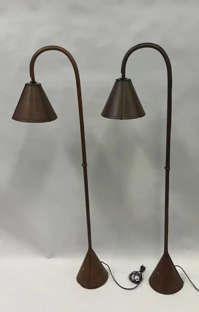 Jacques Adnet Pair of French Mid Century Hand Stitched Leather Floor Lamps by Jacques Adnet
