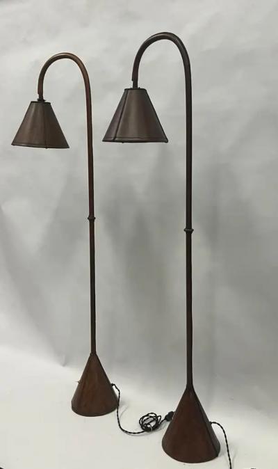 Jacques Adnet Pair of French Mid Century Hand Stitched Leather Floor Lamps by Jacques Adnet