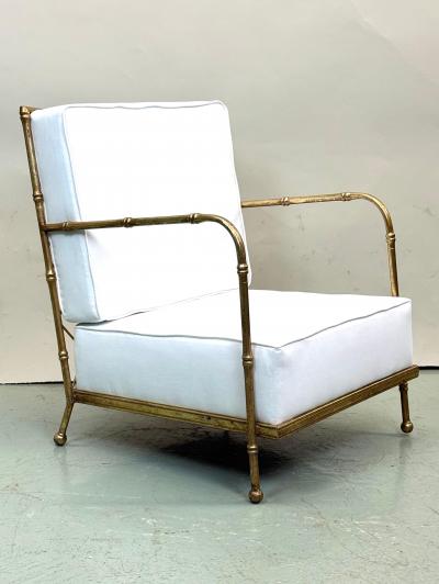 Jacques Adnet Pair of French Mid century Gilt Iron Faux Bamboo Lounge Chairs Jacques Adnet