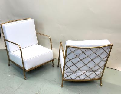 Jacques Adnet Pair of French Mid century Gilt Iron Faux Bamboo Lounge Chairs Jacques Adnet