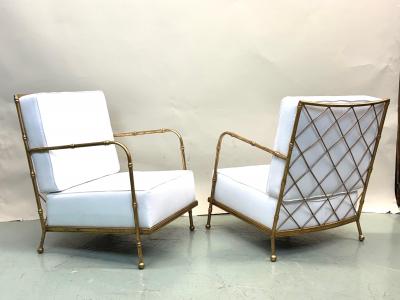 Jacques Adnet Pair of French Mid century Gilt Iron Faux Bamboo Lounge Chairs Jacques Adnet
