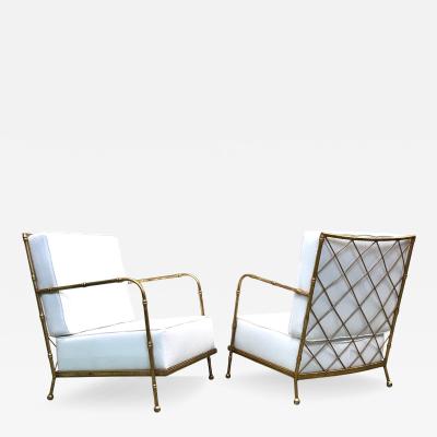 Jacques Adnet Pair of French Mid century Gilt Iron Faux Bamboo Lounge Chairs Jacques Adnet