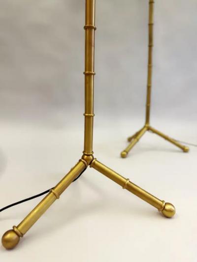 Jacques Adnet Pair of Large French Brass Faux Bamboo Floor Lamps in the style of Jacques Adnet