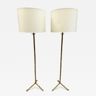 Jacques Adnet Pair of Large French Brass Faux Bamboo Floor Lamps in the style of Jacques Adnet