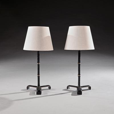 Jacques Adnet Pair of Leather Simulated Bamboo Table Lamps Attributed to Jacques Adnet