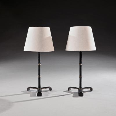 Jacques Adnet Pair of Leather Simulated Bamboo Table Lamps Attributed to Jacques Adnet