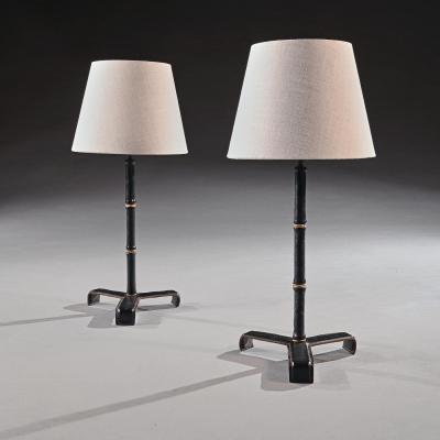 Jacques Adnet Pair of Leather Simulated Bamboo Table Lamps Attributed to Jacques Adnet