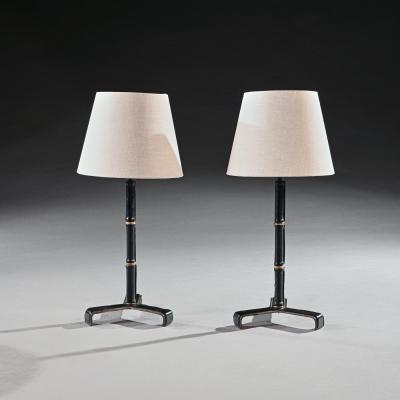 Jacques Adnet Pair of Leather Simulated Bamboo Table Lamps Attributed to Jacques Adnet