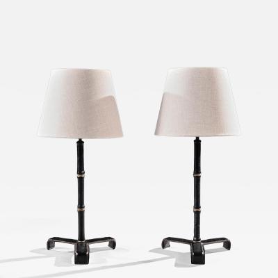 Jacques Adnet Pair of Leather Simulated Bamboo Table Lamps Attributed to Jacques Adnet