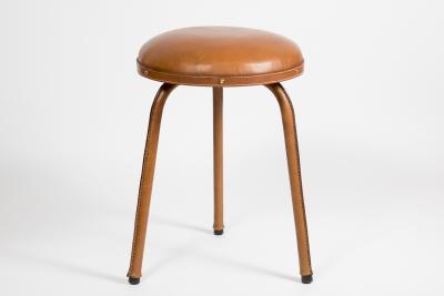 Jacques Adnet Pair of Stitched Leather Stools By Jacques Adnet