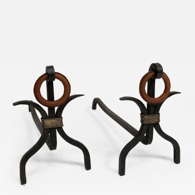 Jacques Adnet Pair of Stitched Leather andirons by Jacques Adnet