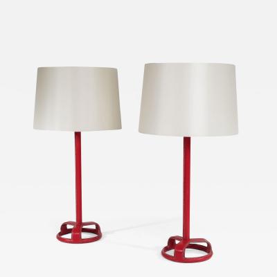 Jacques Adnet Pis of rare stitched leather table lamps