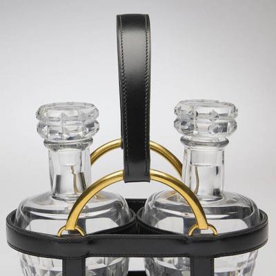 Jacques Adnet Rare Black Stitched Leather Equestrian Decanter Set by Jacques Adnet for Hermes