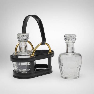 Jacques Adnet Rare Black Stitched Leather Equestrian Decanter Set by Jacques Adnet for Hermes
