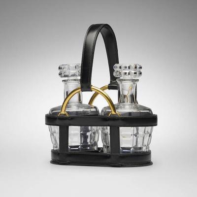 Jacques Adnet Rare Black Stitched Leather Equestrian Decanter Set by Jacques Adnet for Hermes