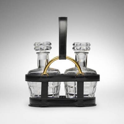 Jacques Adnet Rare Black Stitched Leather Equestrian Decanter Set by Jacques Adnet for Hermes