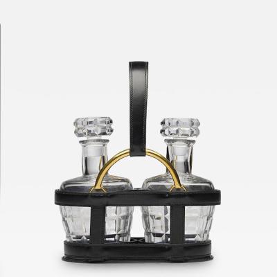 Jacques Adnet Rare Black Stitched Leather Equestrian Decanter Set by Jacques Adnet for Hermes