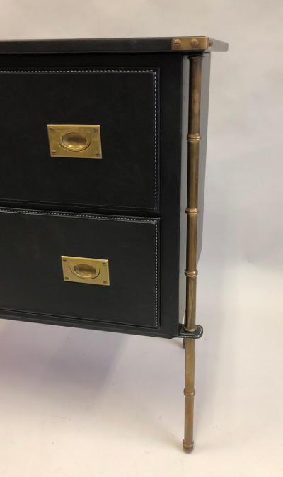 Jacques Adnet Rare French Handstitched Leather and Brass Faux Bamboo Commode by Jacques Adnet