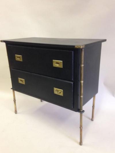 Jacques Adnet Rare French Handstitched Leather and Brass Faux Bamboo Commode by Jacques Adnet
