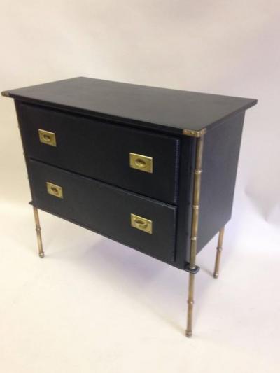 Jacques Adnet Rare French Handstitched Leather and Brass Faux Bamboo Commode by Jacques Adnet