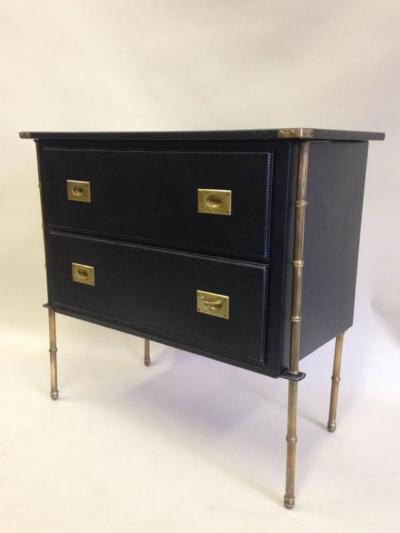 Jacques Adnet Rare French Handstitched Leather and Brass Faux Bamboo Commode by Jacques Adnet