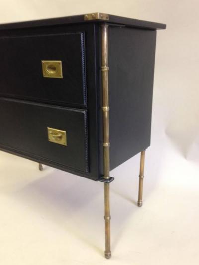 Jacques Adnet Rare French Handstitched Leather and Brass Faux Bamboo Commode by Jacques Adnet