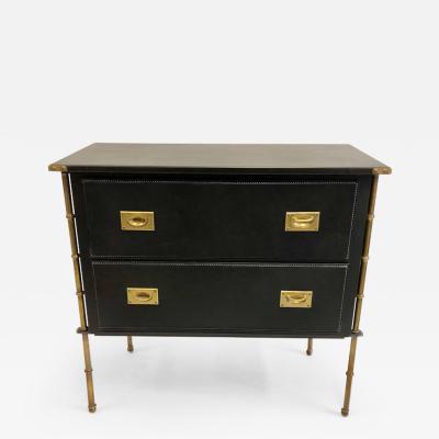 Jacques Adnet Rare French Handstitched Leather and Brass Faux Bamboo Commode by Jacques Adnet